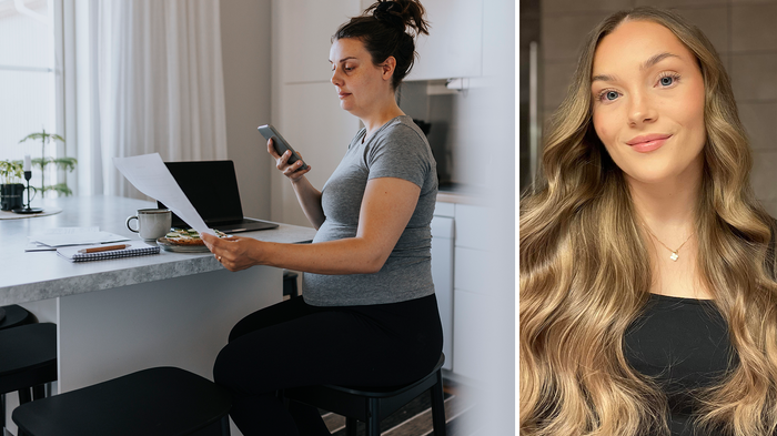 Bildet er en kollasj av to bilder. Det ene er et bilde av en gravid kvinne som sitter på en stol og ser på mobilen. Det andre bildet er av forsker jordmor Marthe Katrin Sarre