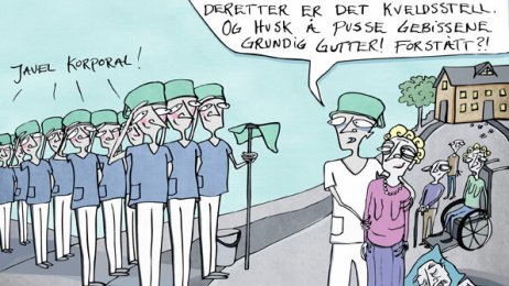 Aksjonisten, Bleiesoldater Illustrasjonen viser en pleier med en gammel dame i rullestol som gir ordre til en hær av andre pleiere.