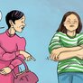 Illustrasjonen viser en dame som sier til en ung kvinne: "Du burde ikke bruke vaskemiddel med såpe. Og prøv å ikke stresse så mye." Den unge kvinne, som klør på armene, tenker "Å hold tåta."