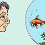 Illustrasjonen viser en eldre kvinne som kikker inn på en gullfisk i en rund gullfiskbolle