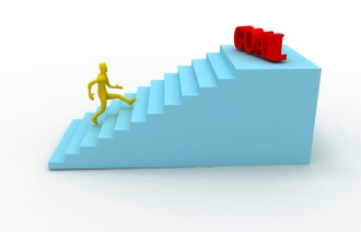 Brukerrolle, brukermedvirkning Illustrasjonen viser en mann på vei oppover en trapp, og så står det «goal» på toppen av trappen.