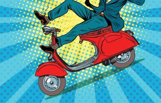 Illustrasjon av mann som kjører scooter og som er i ferd med å falle av. Illustrasjon av mann som kjører scooter og som er i ferd med å falle av.