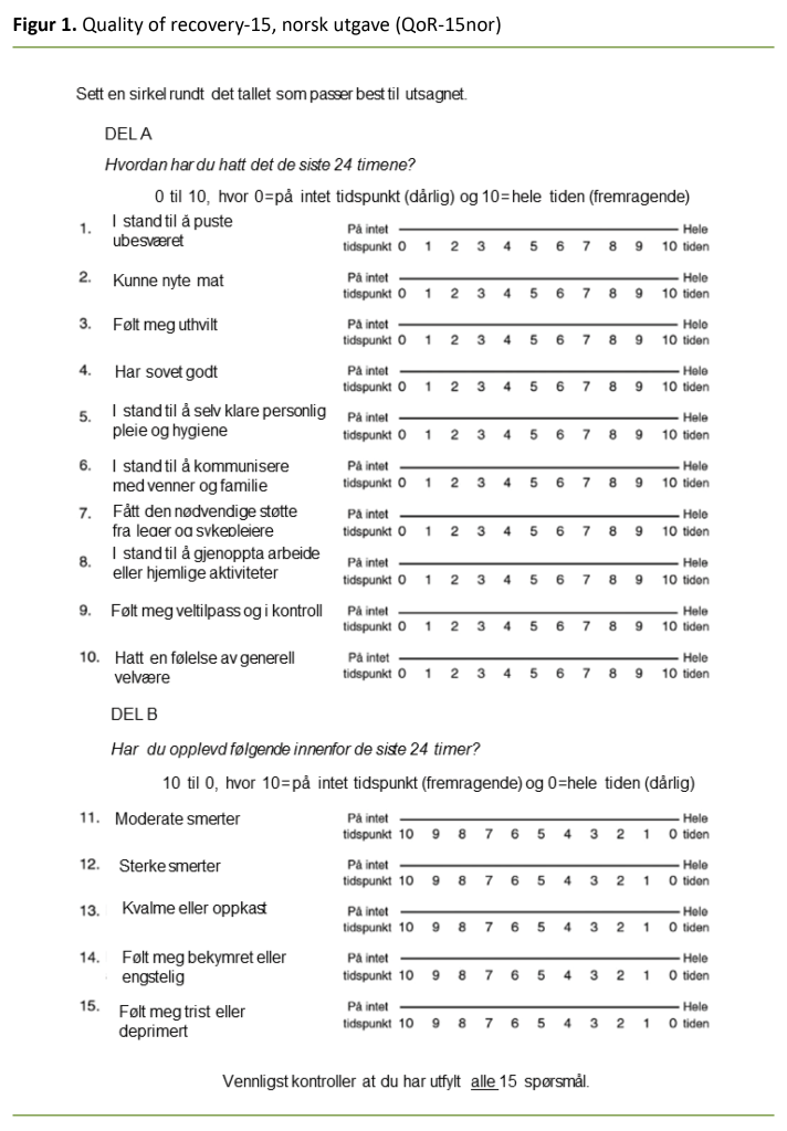 Figur 1. Quality of recovery-15, norsk utgave (QoR-15nor) Figur 1. Quality of recovery-15, norsk utgave (QoR-15nor)