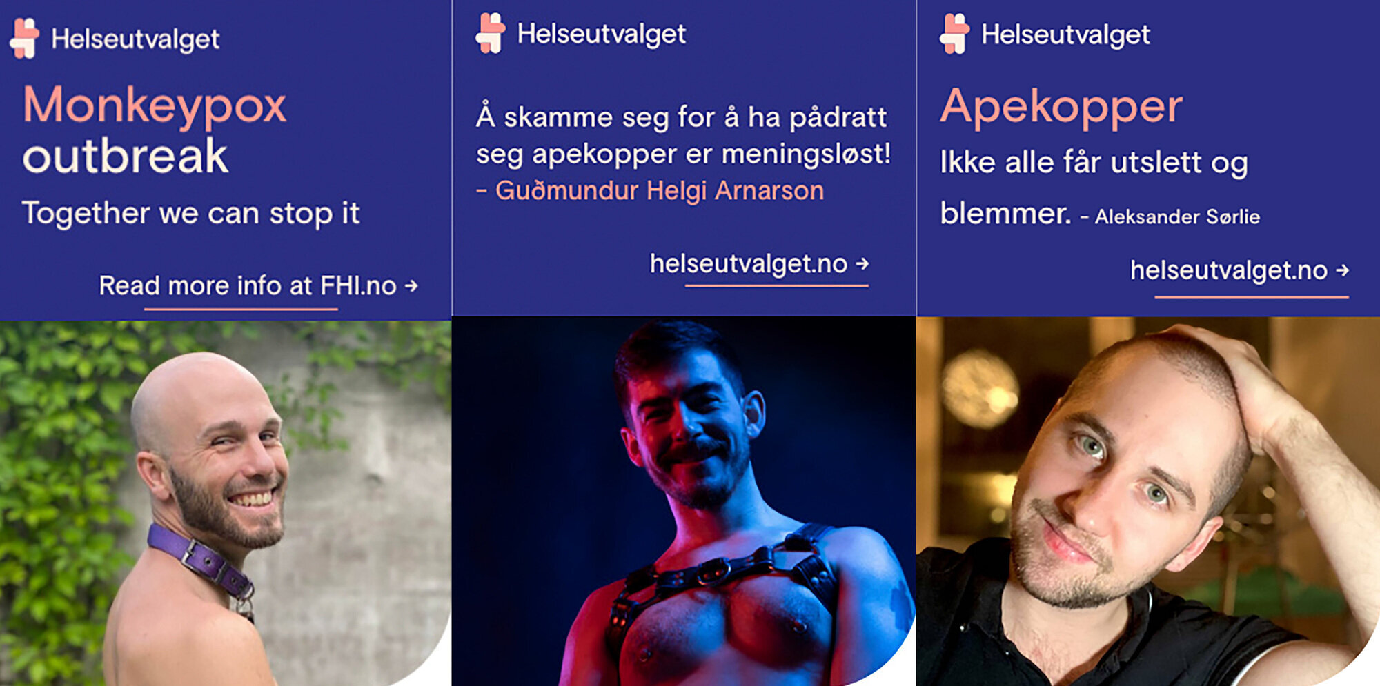 Annonser fra Helseutvalget Bildet viser tre annonser som stiftelsen Helseutvalget har publisert på appen Grindr