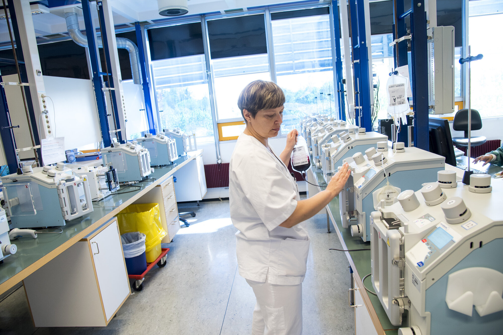 blod, separering Bildet viser en bioingeniør som passer på separeringsmaskinene.
