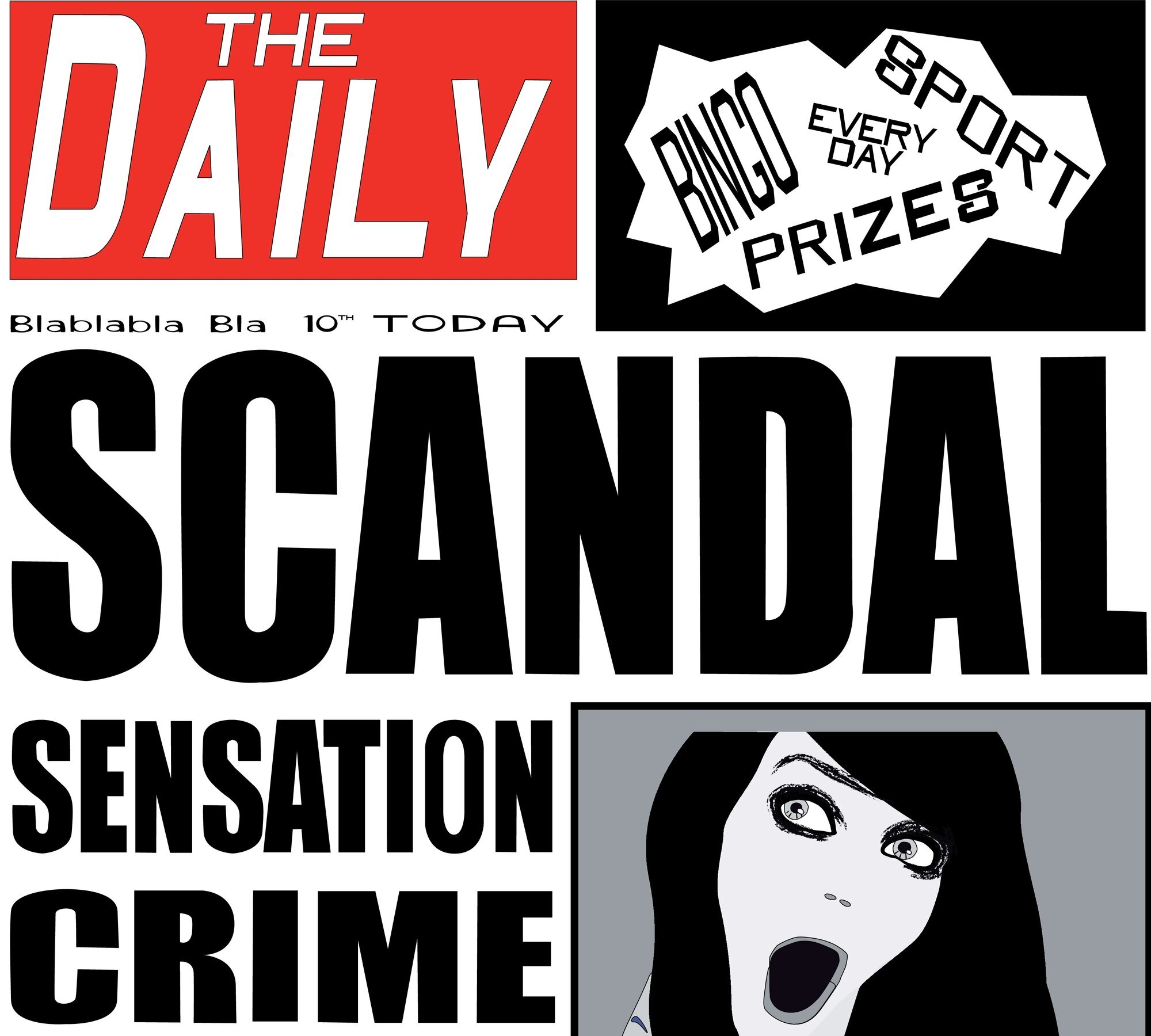 media, arbeidsplass, arbeidstaker Bildet viser en samling avisforsider der det står blant annet "scandal" og "bla bla"