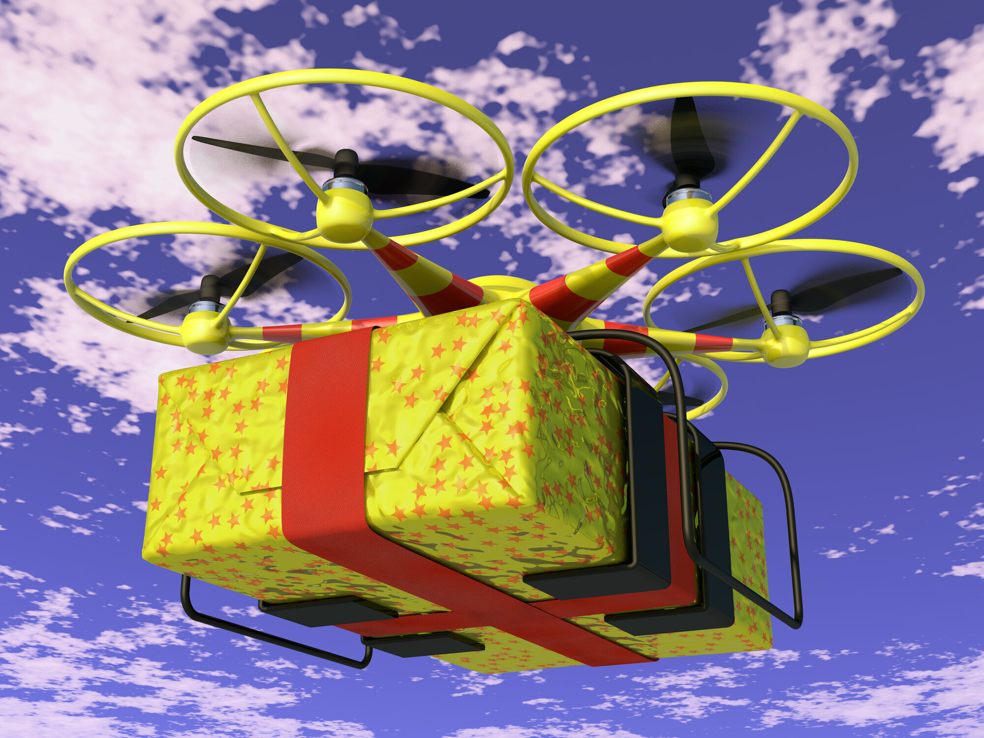 Bilde av julepresang som flyr som en drone. Bilde av julepresang som flyr som en drone.
