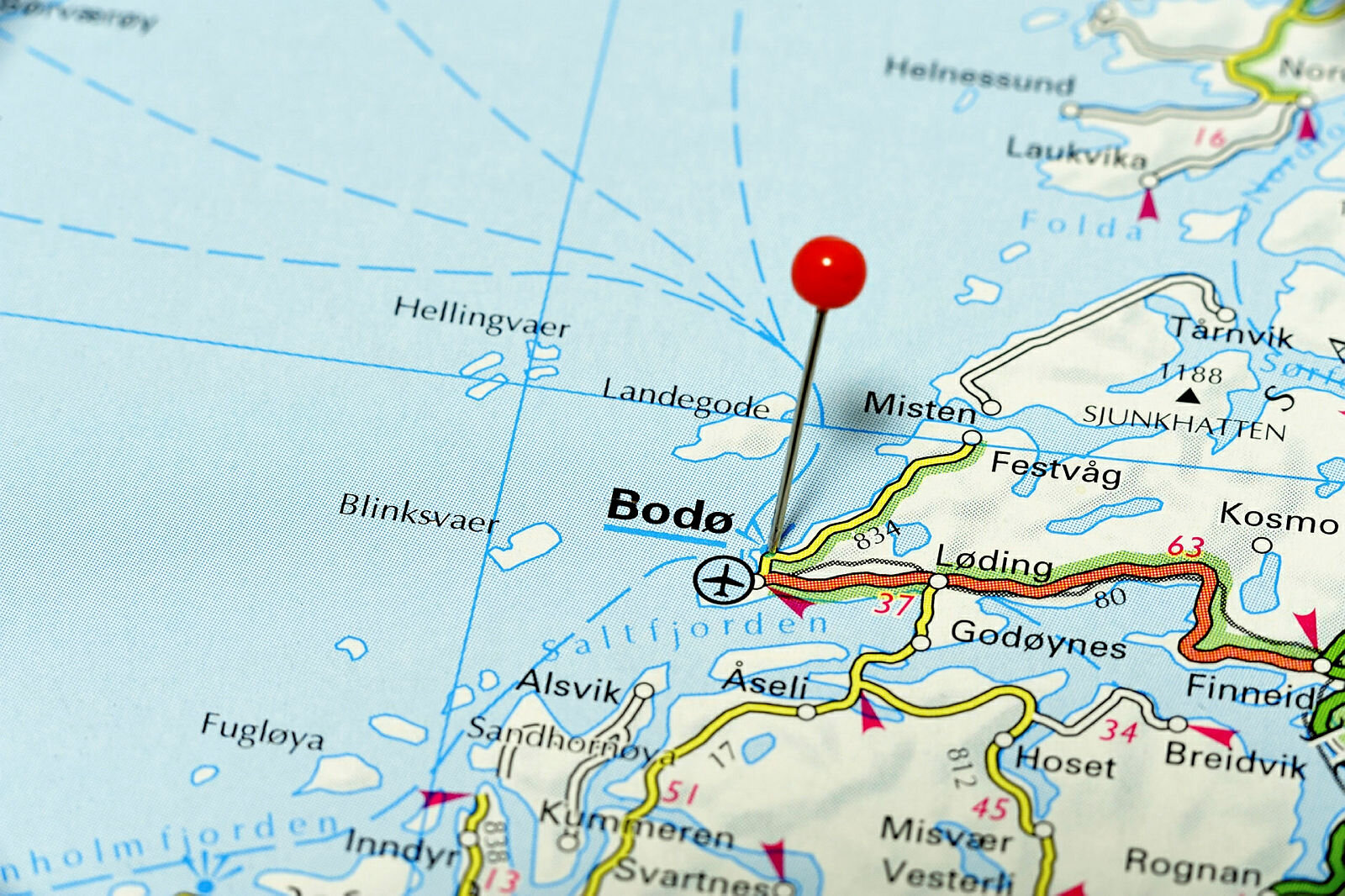 Bodø Nærbilde av norgeskart som viser Bodø markert med en råd nål