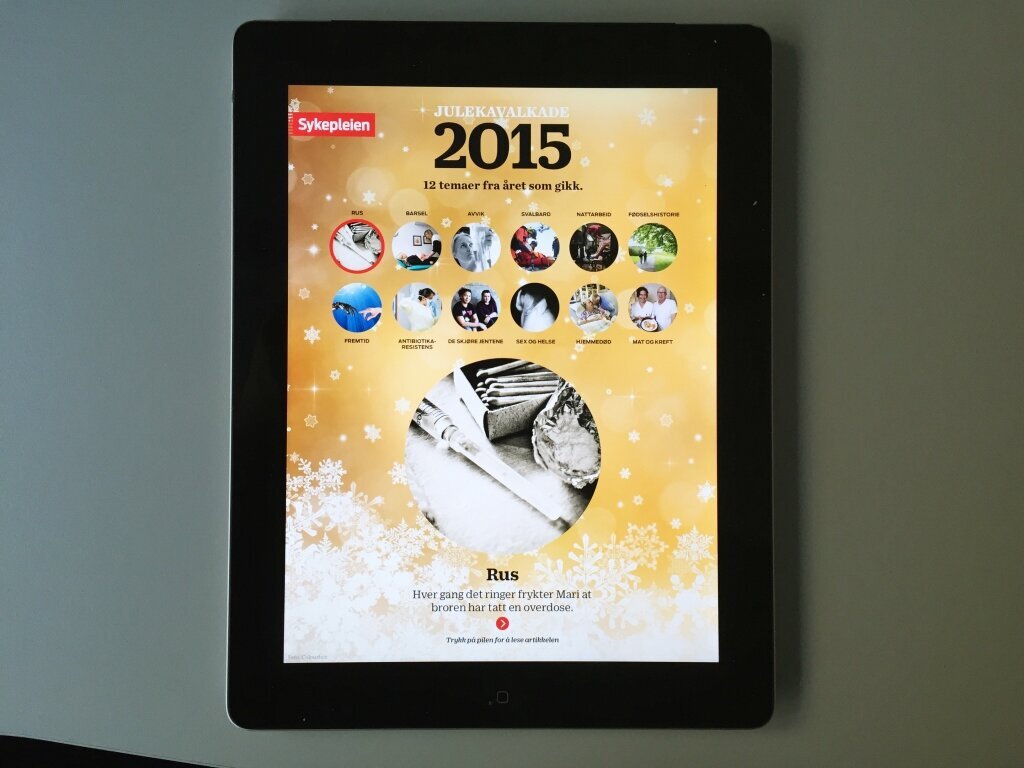 Sykepleiens nettbrettutgave. Samling av alle temaartikler fra 2015. Julespesial på Sykepleiens nettbrrettutgave.