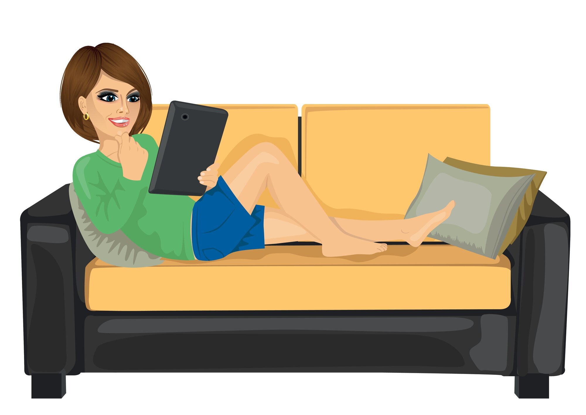 Tegning av ung kvinne som ligger i sofaen og leser på nettbrett Tegning av ung kvinne som ligger i sofaen og leser på nettbrett