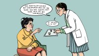 Samvalg Illustrasjonen viser en sykepleier som holder et brett mot en pasient og sier: Den rosa pillen hjelper mot leddsmerter, men gir deg diaré. Den gule hjelper mot diaré, men gir deg leddsmerter. Så: Hvilken vil du ha?