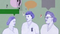Undrende sykepleiere Illustrasjonen viser tre sykepleiere som ser spørrende ut