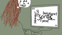 Skrivekunst Illustrasjonen viser en kvinne som sitter og skriver på en PC. På skjermen er en ordsky.
