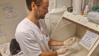 Sykepleier klargjør en sprøyte med antibiotika En mannlig sykepleier klargjør en sprøyte med antibiotika.