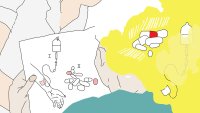 Illustrasjonen viser en pasient som holder et skjema med bilde av tabletter, blodoverføringspose osv., og så ses de samme illustrasjonene på toppen av hodet, som en slags tenkeboble