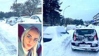 Bildet viser Beate Gundelach og snøfull gate med el-bilen som hjemmetjenesten bruker Bildet viser Beate Gundelach og snøfull gate med el-bilen som hjemmetjenesten bruker