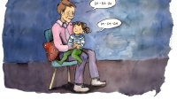 Afasi, språktrening, hjerneslag Illustrasjonen viser et barn som sitter på fanget til et barn. Barnet sier Da-da-da, og mannen svarer Ba-ba-ba