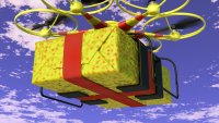 Bilde av julepresang som flyr som en drone. Bilde av julepresang som flyr som en drone.