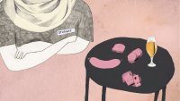 sykepleierstudent, praksis, svinekjøtt Illustrasjonen viser et fat med svinemat og overkroppen til en pleier med hijab og et skilt det står student på.