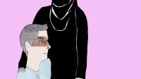 burka, arbeidsantrekk, etikk Bildet viser en pasient i vanlige klær og en sykepleier i burka.