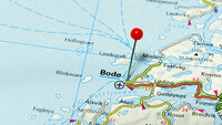 Bodø Nærbilde av norgeskart som viser Bodø markert med en råd nål