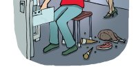 Illustrasjon av mann som stikker armen inn i fryseren mens kona sier: "Men Arild, du skal jo bare ta ut en flis. Du trenger ikke fryse hele armen!"