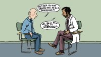Pasient med prostatakreft hos legen Illustrasjonen viser en kreftsyk som sier følgende til legen: "Hæ, blir jeg kvitt kreften hvis jeg blir mormoner?!!". Legen svarer: "Nei, jeg sa at du skal få hormoner."