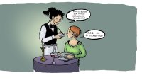 Behandlingsalternativ Illustrasjonen viser en dame på restaurant som bestiller av servitøren. Servitøren sier: "Har du bestemt deg for et behandlingsvalg?" Damen svarer: "Har du noe du vil anbefale?"