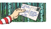 Postkort fra ferieturen Illustrasjonen viser en hånd som holder et postkort med påskriften "Vi koser oss i sola. Herlig hotell. Husk vaksine!".